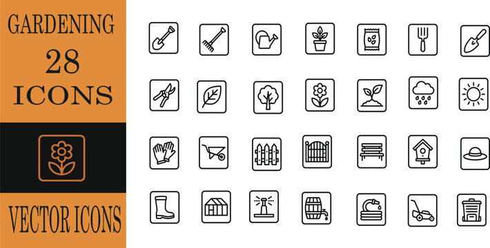 Set of gardening themed editable line icons vector illustration featuring various tools and plant for landscaping and outdoor home improvement projects. editable line icons. Vector illustratior