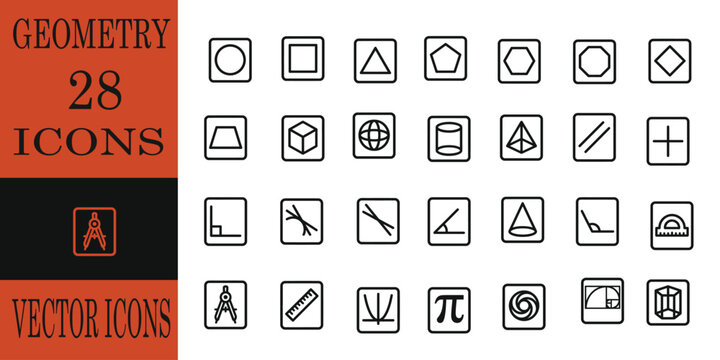 Geometry 28 icon set.Set of geometry and math symbols featuring editable line icons vector illustration for educational projects and scientific design and digital graphics. editable line icons. Vector