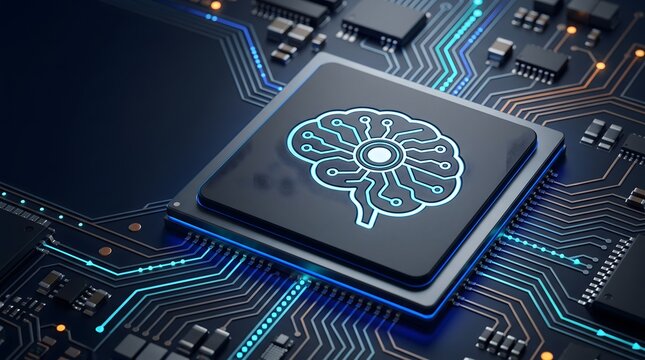 Cognitive computing processor with glowing brain icon symbolizing advanced artificial intelligence and smart technology hardware