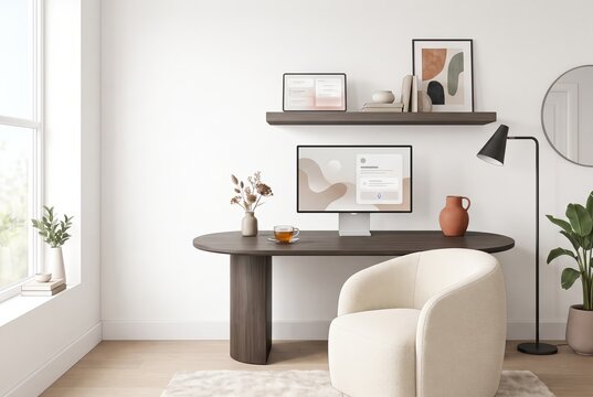 Cozy home office corner with an ambient AI assistant display in a bright modern apartment