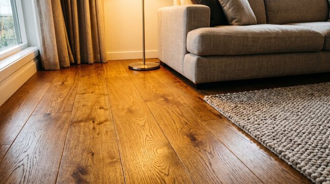 Warm wooden floor illuminated by natural sunlight in a stylish contemporary living room.
