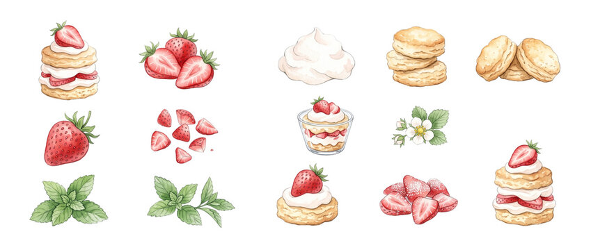 Strawberry shortcake watercolor clip art set with biscuits, whipped cream, fresh berries, sliced fruit, mint leaves, and flowers isolated on black background for baking recipes and dessert menu design