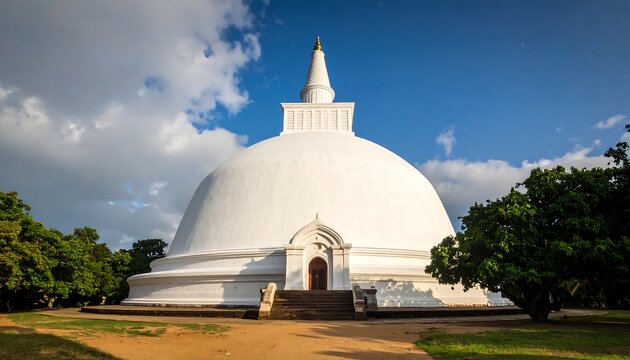 White stupa with golden spire in serene garden setting.
