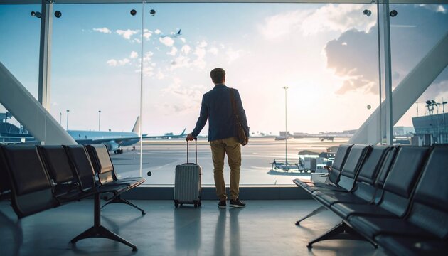 Rear view of man standing in airport terminal holding suitcase and looking out window at airplane parked on runway at sunrise,business people waiting for a train