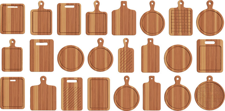 Set of kitchen wooden cutting boards for cooking preparation with various shapes and sizes isolated on transparent background.