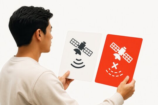 Man Comparing Satellite Signal Cards for Communication Choice and Network Status