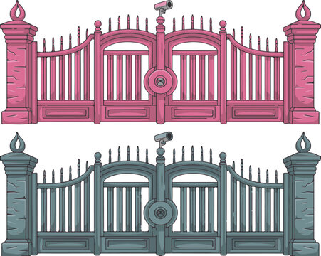 Two ornate vintage gates with decorative pillars and security camera, a pink and a blue version.