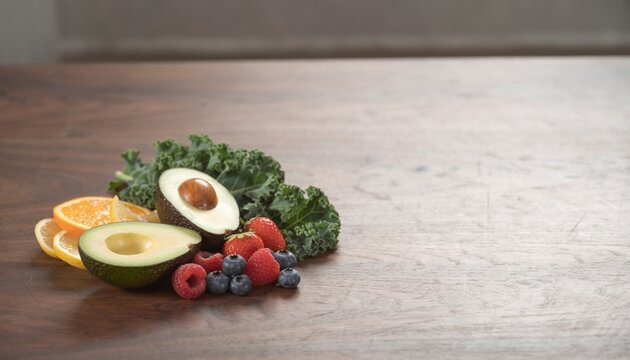 Fresh fruit and vegetables on a wooden table in a kitchen setting during daytime