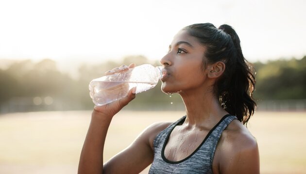 Athlete drinks water during training session at sports field in the early evening time