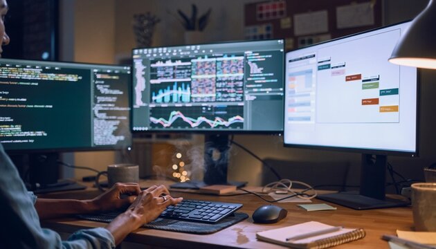 Workstation during evening with multiple monitors displaying data and charts in a cozy office setting