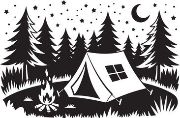 Obraz premium Night camping scene silhouette featuring outdoor tent near bonfire under starry sky with crescent moon and pine forest landscape.