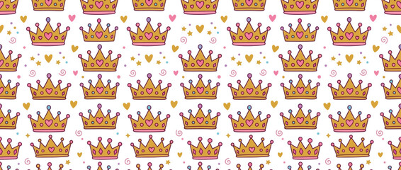 Fototapeta premium Seamless pattern of golden crowns with pink hearts and glittery gold stars on white background.