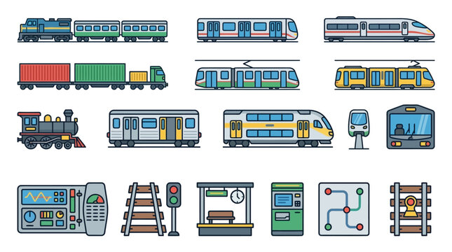 Clean Illustrated Collection of Various Trains Railway Icons and Station Elements in Colorful Style
