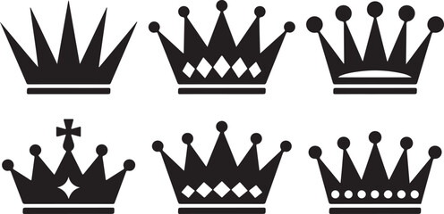 Six different royal crown silhouettes collection featuring sharp spikes and jewels isolated on transparent background set. © Kamrun82