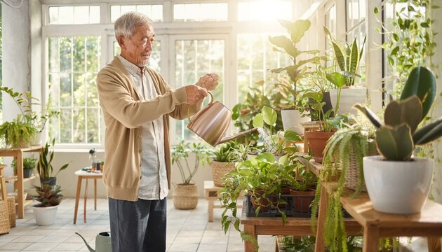 Elderly man waters plants in a greenhouse filled with various types of greenery during daylight hours