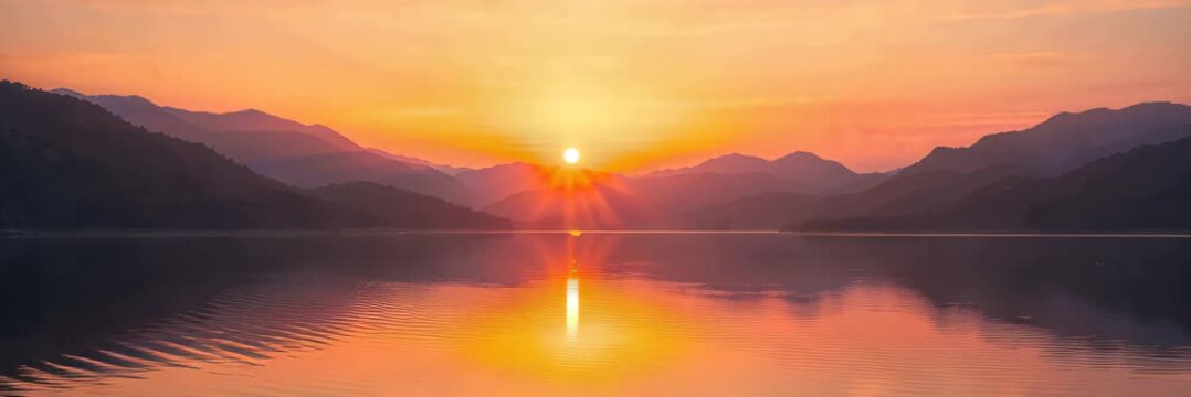 Sunset reflected on a calm mountain lake, website banner with copy space for your text