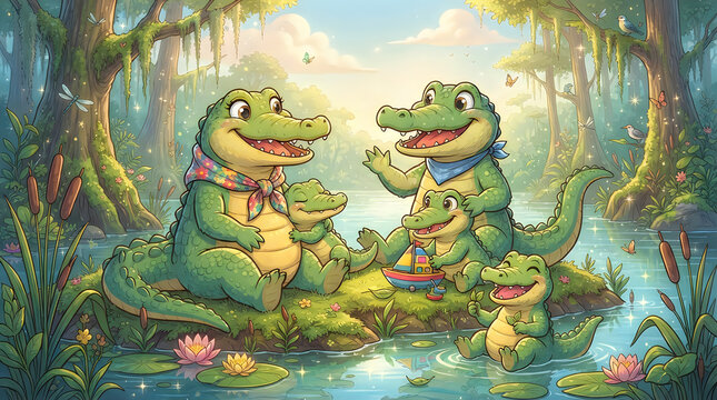 Happy crocodile family having a picnic in a sunny tropical jungle swamp