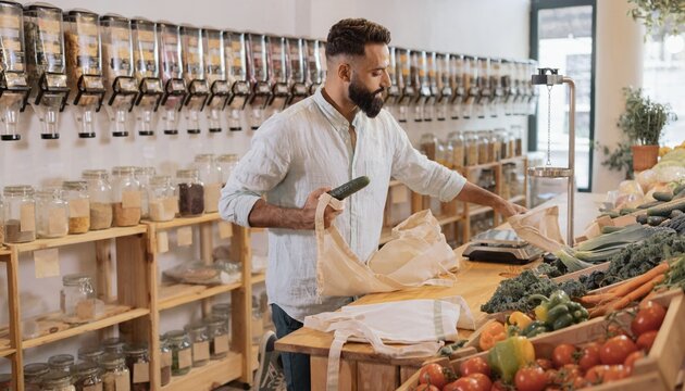 Man shops for groceries at a store with a focus on fresh produce and bulk items during the day