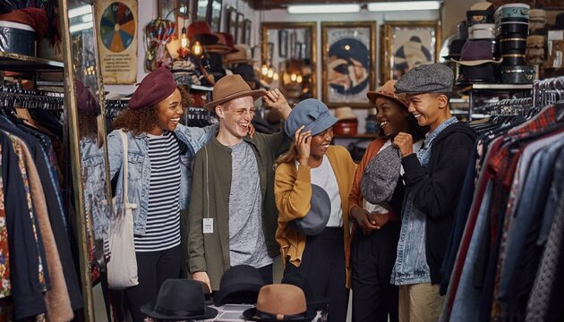Friends pick hats in a vintage shop located in a busy city during the afternoon