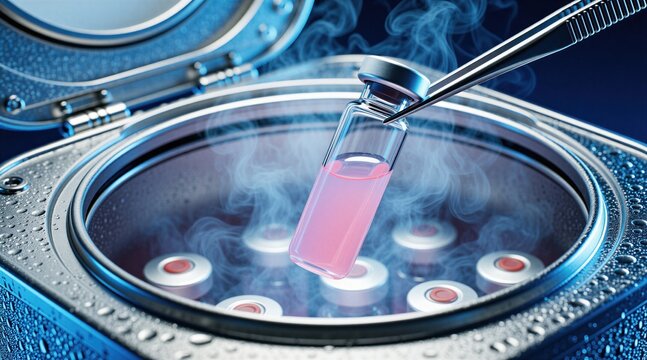 Scientist uses metal tweezers to lift glass vial with biological specimen from cryogenic storage container. Cold liquid nitrogen vapor rises from deep freezer unit during medical research. Laboratory