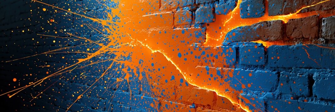Explosion of orange paint splatters on a textured blue brick wall with glowing cracks