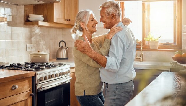 Couple dances in kitchen on a sunny morning while preparing a meal together