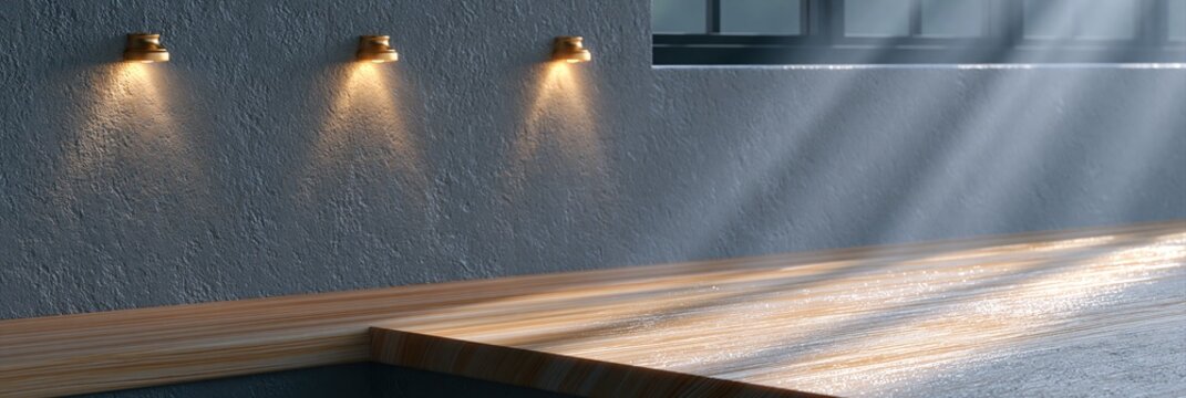 Modern interior with textured wall, wooden surface, and dramatic light rays from window
