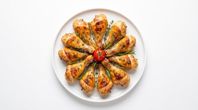 Roasted chicken drumsticks arranged in a circular flower pattern on a white