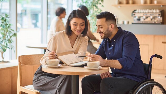 Two people sit at a table in a cafe discussing a notebook with coffee in front of them