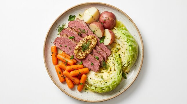 Traditional corned beef and cabbage dinner with carrots and potatoes on plate