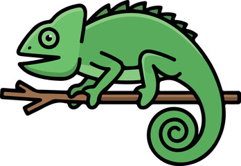 Fototapeta premium Green Chameleon On Branch Cartoon Style