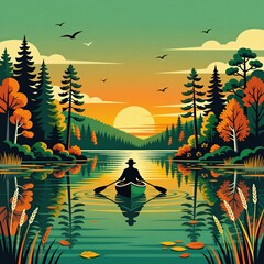 Obraz premium Person in canoe paddles across quiet lake during calm autumn evening. Silhouette of human rows small boat on peaceful water surface surrounded by colorful fall forest trees. Scenic sunset landscape