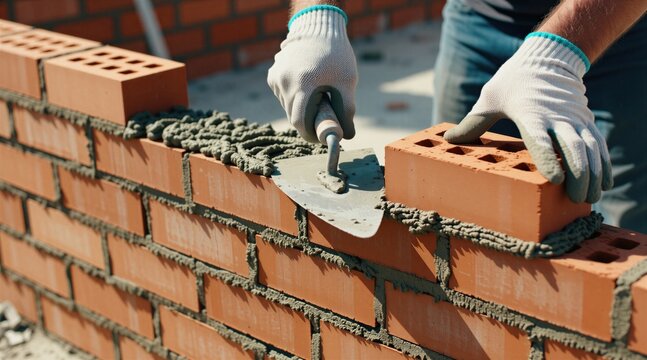 Pro bricklayer builds red brick wall at construction site. Worker wears protective gloves applies wet cement mortar using steel trowel to lay blocks. Manual laborer constructs house exterior