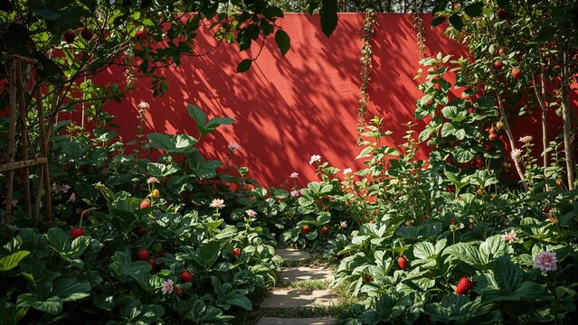 A lush garden with blooming flowers and greenery in front of a red wall, creating a vibrant and peaceful outdoor scene.