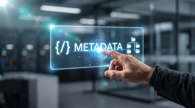 Professional hand touching holographic metadata interface to organize digital server data in modern office environment