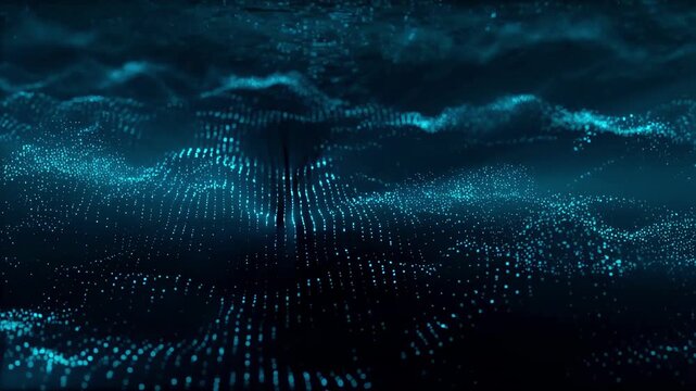 Dynamic abstract blue digital wave pattern animation with glowing particles with high energy visual