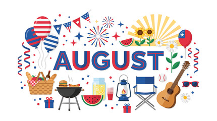 Naklejka premium Festive August Celebration Elements with Summer Picnic Icons and Patriotic Decorations Vector Illustration