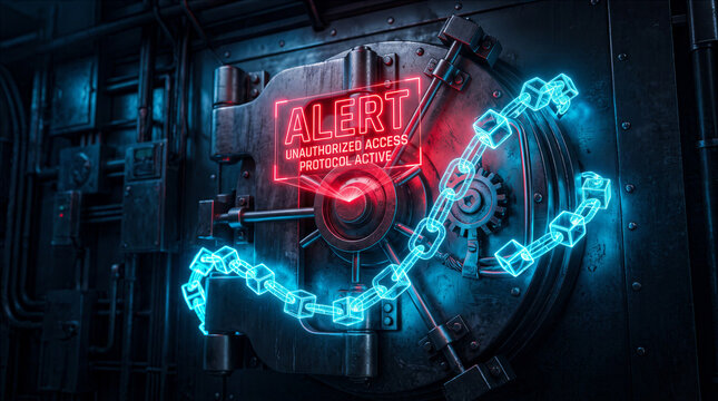 Neon vault door with alert sign and glowing chains