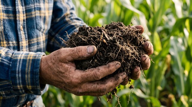 Close up of farmer dirty hands holding fertile dark soil with roots in a lush green corn field during golden hour for sustainable agriculture business lifestyle concept