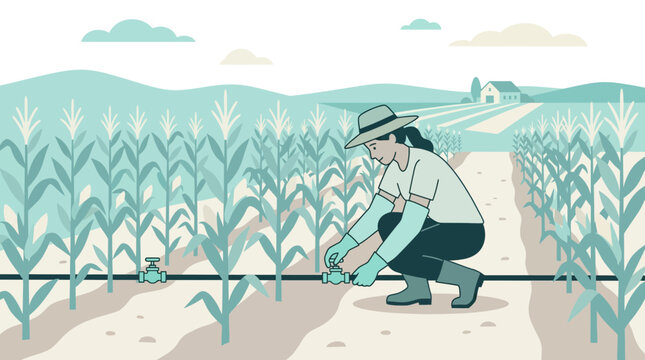 Farmer tending to corn crops and drip irrigation system in a field