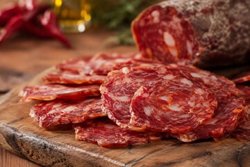 Obraz premium Traditional Calabrese salami slices on a rustic wooden board with soft window light.