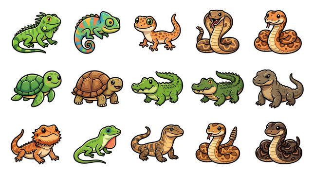 Set of cute cartoon reptiles including lizards snakes turtles and crocodiles for kids collection