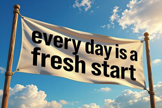 White banner reads every day is a fresh start against blue sky with clouds. Inspirational message implies new beginnings, hope, and opportunity for change and growth.
