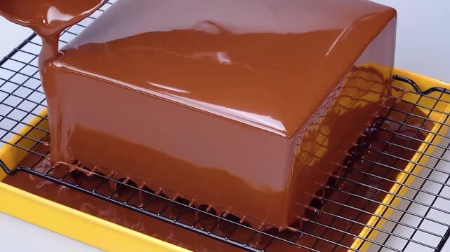 Pouring glossy chocolate glaze over square cake close up