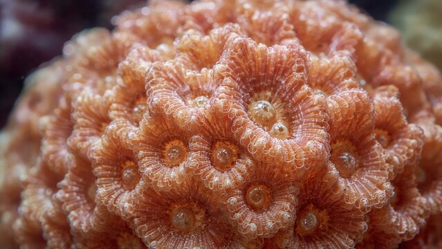Close-up of coral, showing detailed polyps and textured surface. Marine life and reef ecosystem. Underwater wildlife and biodiversity. The concept of underwater habitats and marine organisms.