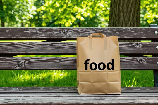 Brown paper bag with food label sits on wooden bench inside city park. Delivery package rests outdoors on near green trees during sunny day. Takeaway meal stands in nature area. Support for poor
