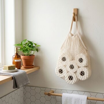 Ecofriendly bathroom storage solution with reusable mesh bag holding toilet paper rolls.