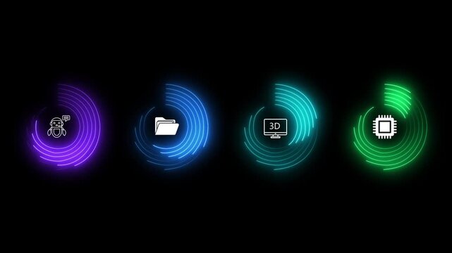 Neon digital loading progress bars with tech abstract hud interface for futuristic data processing animation, cyberpunk style loading circles for software and web apps