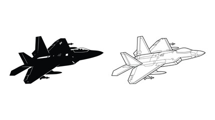 Military Jet Fighter Silhouette And Line Drawing On White Background © SHAMIM