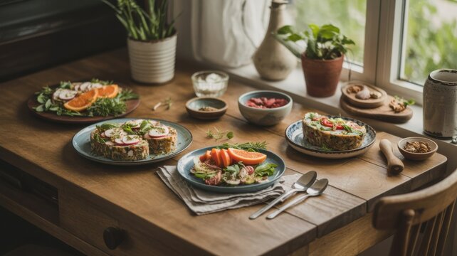 Healthy homemade meal prep with fresh vegetables and herbs on wooden table